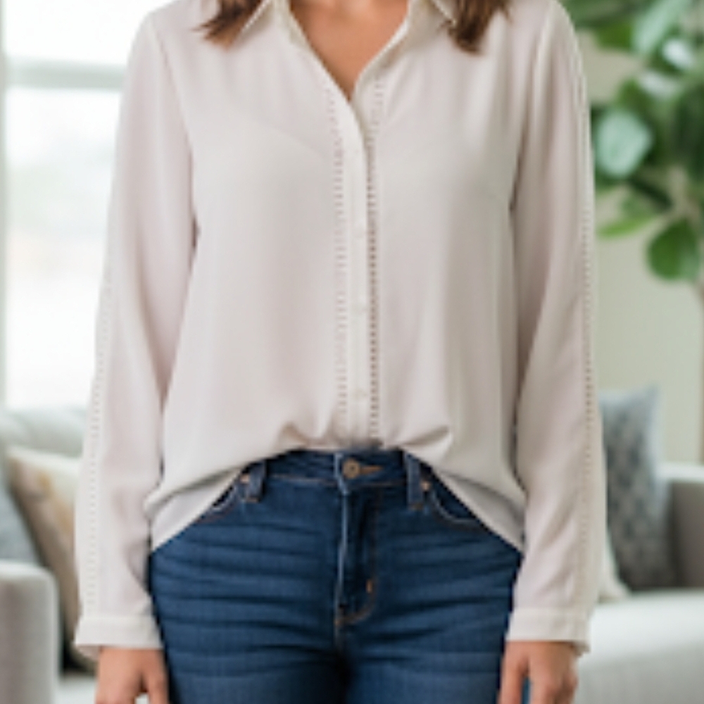 LOFT Ivory Button Down Shirt, Enbroidered, S, GUC ✔️